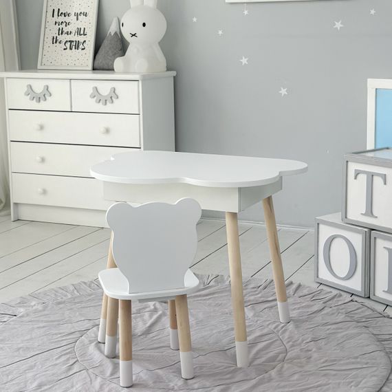 Новинка! Дитячий білий столик хмаринка з нішею і стільчик ведмедик білий 65480 | Зображення 3