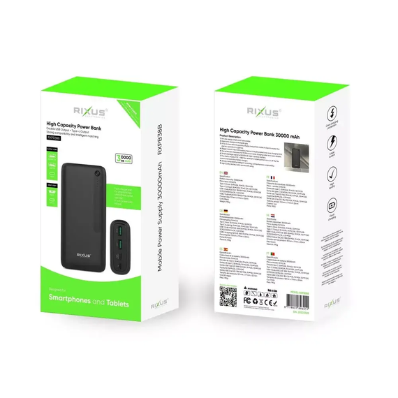 Павербанк Rixus 30000 mAh RXPB38B 22.5W Fast Charg 3 порти USB + Type-C швидка зарядка Power Bank | Зображення 1