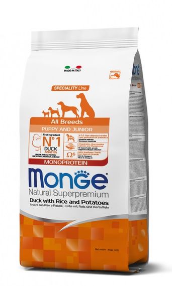 Корм Monge Monoprotein All breeds Puppy & Junior Anatra сухий з качкою для цуценят та юніорів усіх порід 15 кг