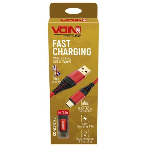 Кабель VOIN CC-4201C RD USB - Type C 3А, 1m, red (швидка зарядка/передача даних) | Зображення 1