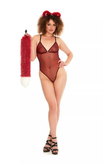 Анальний хутряний хвіст без пробки, Темно-червоний з білим кінчиком, OKOVA 60см. sexstyle | Зображення 6