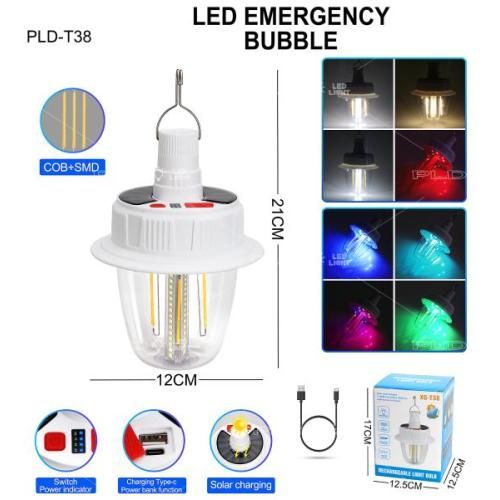 Світлодіодна LED лампа з акумулятором T38-COB+SMD(RGB), 2x18650, сонячна батарея, гачок, ЗУ Type-C
