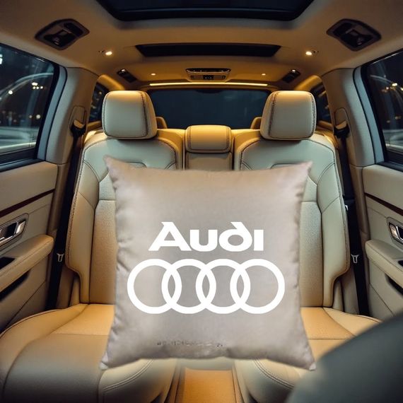 Авто Подушка з вишивкою логотипу марки ауді Audi бежевий автомобілісту 00454