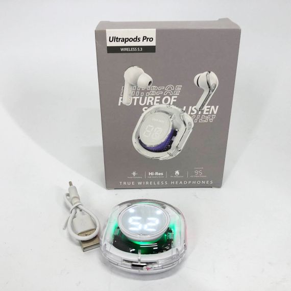 Бездротові навушники TWS T8 PRO з прозорим кейсом Вакуумний LED дисплей Bluetooth 5.3. UH-814 Колір: білий | Зображення 1