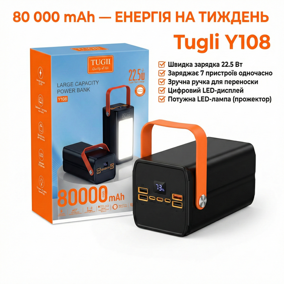 Портативний повербанк Tugii Y108 8000 мА·год з LED-ліхтарем і дисплеєм, швидке заряджання до 22,5 | Зображення 1