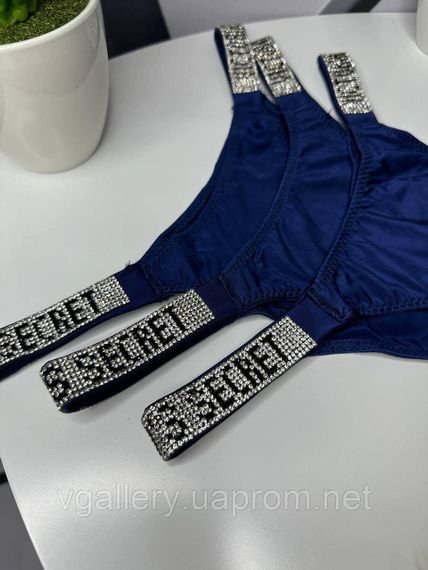Женские синие трусики Бразилиана Victoria's Secret со стразами, женские трусики с кружевом и стразами Виктория Сикрет | Зображення 3