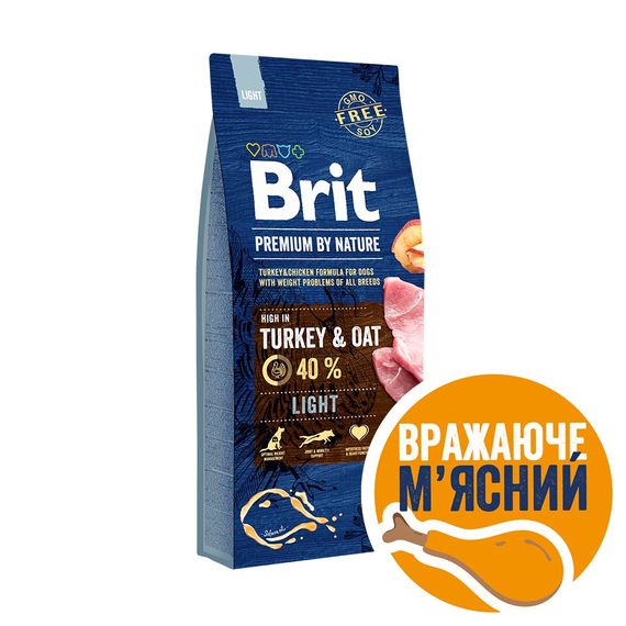 Корм сухий Brit Premium Dog Light для собак з надмірною вагою з індичкою 15 кг