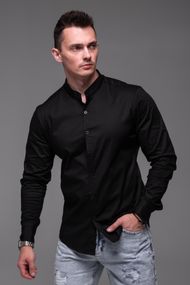 Мужская хлопковая рубашка с воротником стойка и длинным рукавом на пуговицах цвет черный, размер XL  RA2392