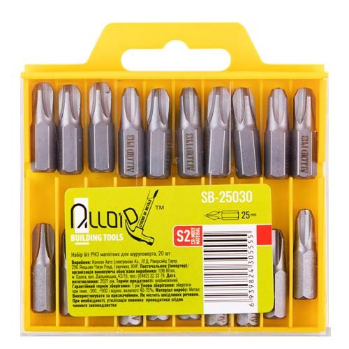 Alloid. Набір біт магнітних для шуруповерта  PH3  25мм, S2 (20шт) | Зображення 1