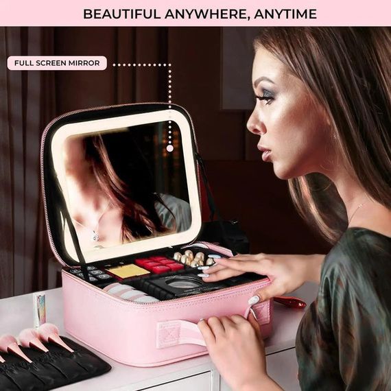 Портативна косметичка органайзер дорожній бьюті кейс з ручкою для з дзеркалом та LED-підсвічуванням рожевий | Зображення 4