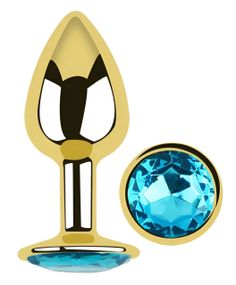Анальная пробка EGZO Gold Round Plug Aqua S с голубым кристаллом, золотистая Sex Aura