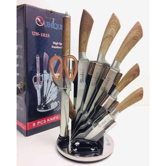 Набор кухонных ножей UNIQUE UN-1833 с деревянными ручками и подставкой | Зображення 2