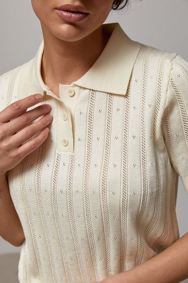 В'язане поло оверсайз із ґудзиками на горловині - кремовий цвет, ONE SIZE (є розміри) | Зображення 3