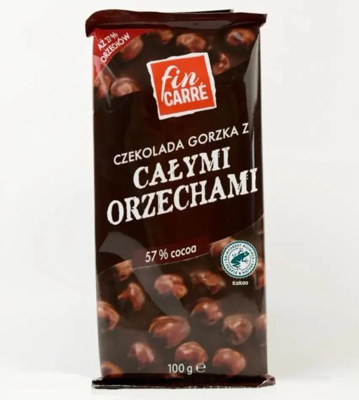 Чорний шоколад Fin Carre з цільними лісовими горіхами (фундук) 27% горіхів, 100 г, Німеччина