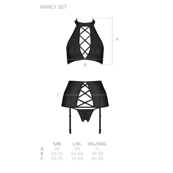 Комплект з еко-шкіри з імітацією шнурівки Nancy Set black L/XL - Passion топ, трусики та пояс для па, L/XL | Зображення 4