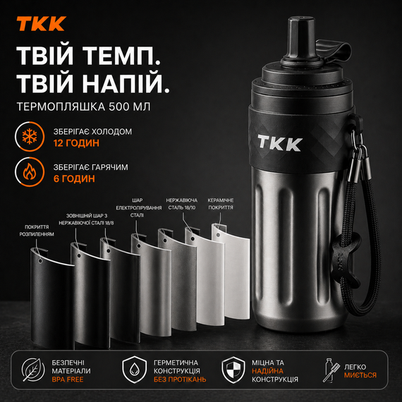 Термос-бутылка с трубочкой 500 мл. нержавеющая сталь серый | Зображення 1