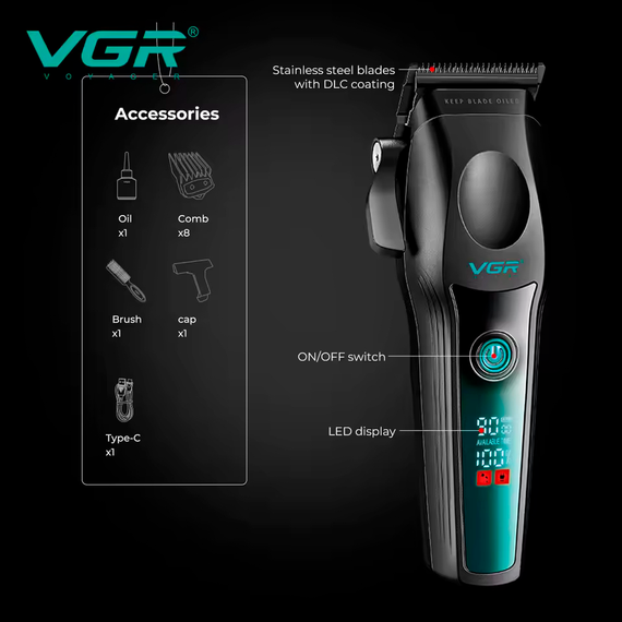 Аккумуляторная машинка для стрижки VGR V-195 GREEN, 8 насадок, 9000 RPM, 2500 mAh, LED дисплей | Зображення 3