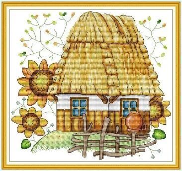 Набор для вышивания по нанесённой на канву схеме "Sunflower Cabin". AIDA 14CT printed 31*30 см