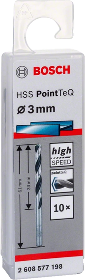 Свердло по металу Bosch HSS-PointTeQ, 3х33х61мм, 10шт (2.608.577.198) | Зображення 1