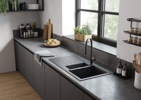 Мийка кухонна HansgroheS52, граніт, прямокутник, з крилом, 980х480х190мм, чаша - 1.5, накладна, S520-F530, чорний графіт (43357170) | Зображення 1
