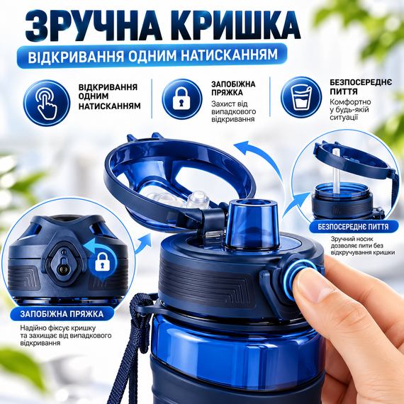 Бутылка для воды KANGZYUAN 650 мл синяя, спортивная из тритана Tritan, BPA Free, антибактериальное покрытие, эргономичная | Зображення 1