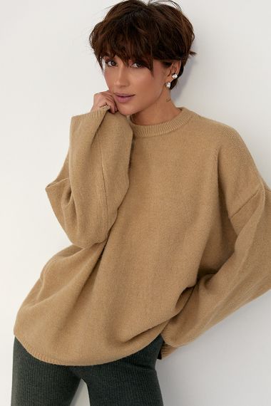 В'язана однотонна кофта з широкими рукавами - світло-коричневий цвет, ONE SIZE (є розміри) | Зображення 4