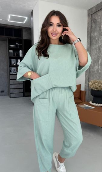 Жіночий костюм бохо SOLINNA MF-100 лляний оверсайз зі штанами батал Оливковий, 42-46 | Зображення 4
