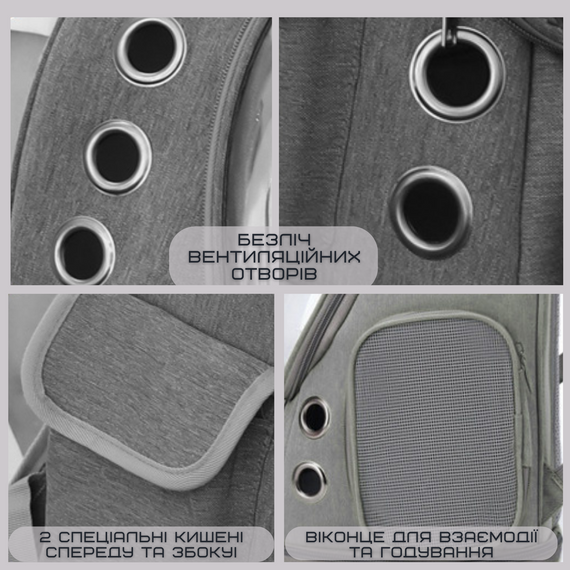 Прозорий Рюкзак Переноска Для Котів Сумка з Ілюмінатором Для Перевезення Тварин до 7 кг Сіра | Зображення 3