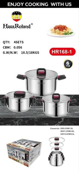 Набор кастрюль Haus Roland HR168-1, 3 шт из нержавеющей стали 1,9/3,6/6,5 л, со складными ручками. Серебристый (HR168-1) | Зображення 1