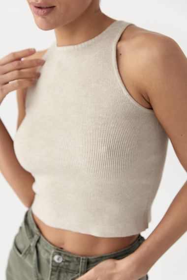 В'язана коротка майка в рубчик - бежевий цвет, ONE SIZE (є розміри) | Зображення 3