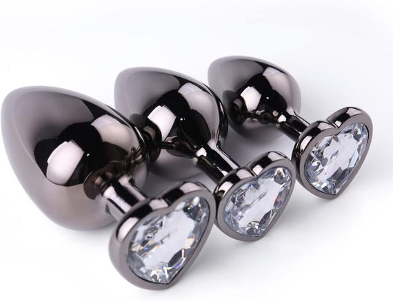 Набор анальных пробок из медицинского металла с прозрачным кристаллом в форме сердца (размер S, M, L)