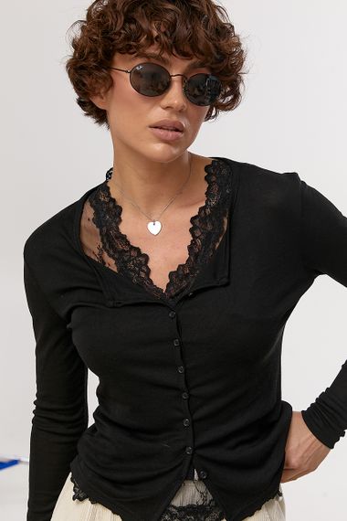 Легкий лонгслів на ґудзиках у комплекті з мереживною майкою - чорний цвет, ONE SIZE (є розміри)