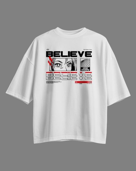 Oversize футболка з принтом Believe біла | Зображення 1