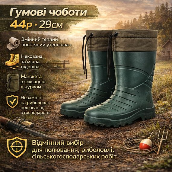 Гумові черевики для риболовлі 44р 29см, Чоботи гумові зимові для будівництва Теплі чоботи олива IS-92
