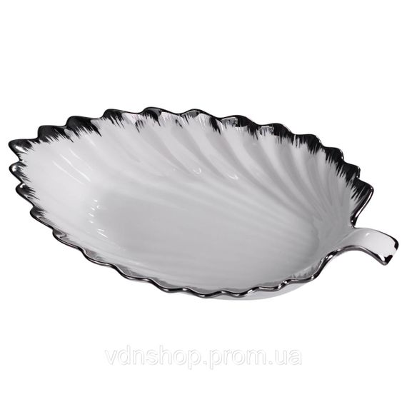 Порцелянове блюдо для сервірування столу у формі листа 41×20×6,5 (см) Біле зі сріблом 2551-1S | Зображення 1