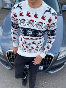Мужской новогодний свитер Снеговик с оленями PA2656 цвет белый, размер М