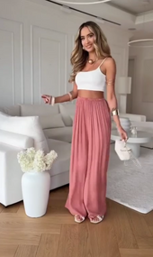 Женские широкие легкие брюки палаццо из штапеля FZ1113 цвет персиковый размер 54/58