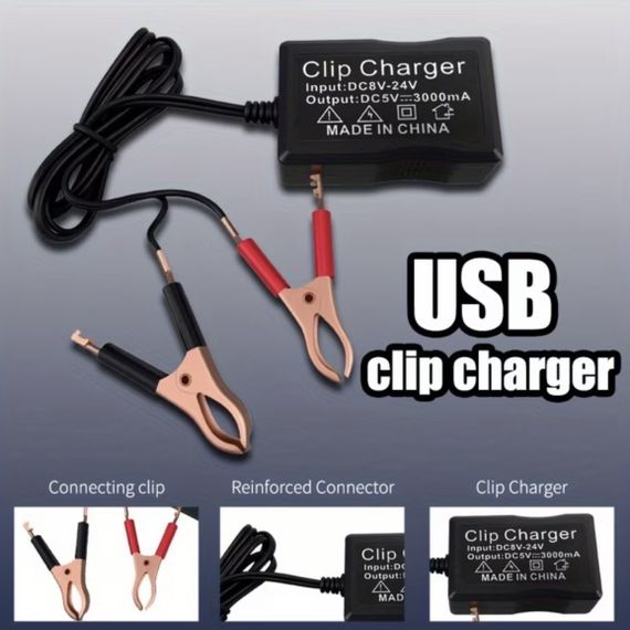 Адаптер питания 12V/24V на 5V с 3 USB-портами и зажимами для аккумулятора для аварийной зарядки телефонов. | Зображення 5