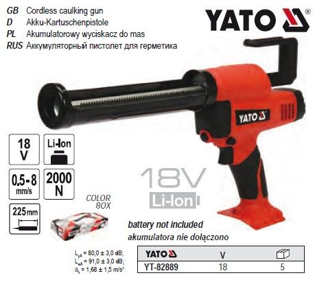 Пістолет клеїв герметиків акумуляторний 18В l=225 мм БЕЗ акумуляторА YATO-82889