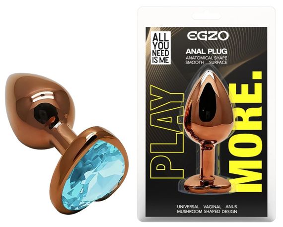 Анальна пробка EGZO Dark Gold Heart Plug Aqua S із блакитним кристалом, рожеве золото Sex Aura