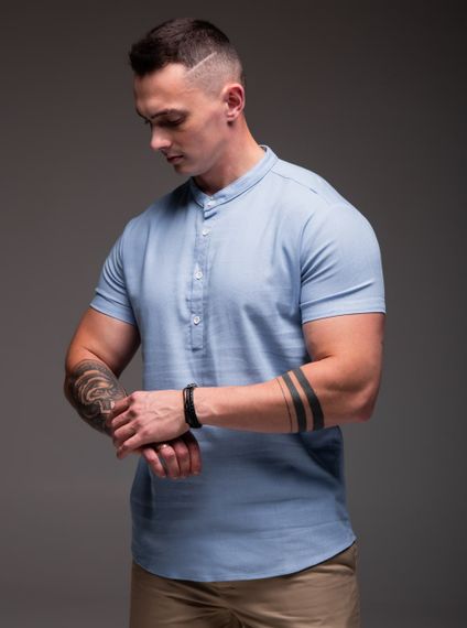 Мужская льнаная рубашка с коротким рукавом и воротником стойка на трех пуговицах RA1504 цвет голубой, размер XL | Зображення 3