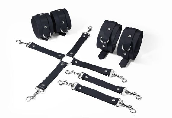 Набір Feral Feelings BDSM Kit 3, наручники, поножі, конектор, Чорний