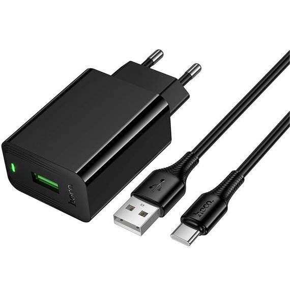 СЗУ Hoco CS92A Leader 18W+QC3.0 (1USB-A) + кабель USB to Type-C Black | Зображення 1