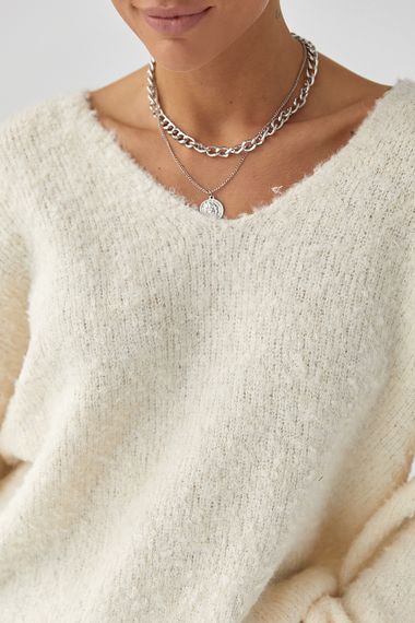 В'язаний джемпер з V-подібною горловиною - молочний цвет, ONE SIZE (є розміри) | Зображення 2