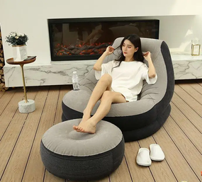 Надувной диван с пуфом Air Sofa / Надувное велюровое кресло с пуфиком+насос Бежевый