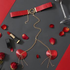 Пестис-сердечка з ланцюжками та чокером JSY Nipple Sticker RT236114 Red