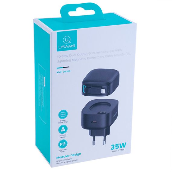 СЗУ Usams US-CC209 GaN With Lightning Magnetic Retractable Cable Module XMF Ser. 35W (2USB-C) Black | Зображення 1