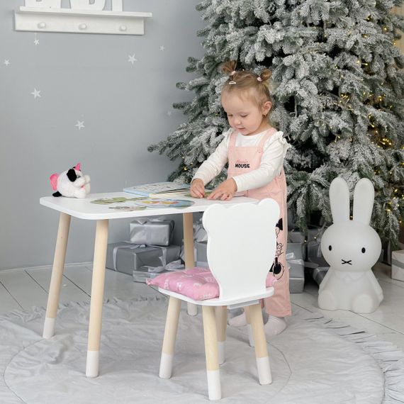 Прямокутний стіл і стільчик дитячий білий ведведик. Столик для уроків, ігор, їжі. | Зображення 1