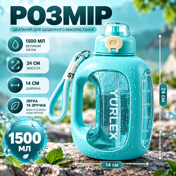 Спортивная эко-бутылка YURLEX 1500 мл (1,5 л) - бирюзовый градиент, матовая бутылка для воды с ручкой и трубочкой | Зображення 5
