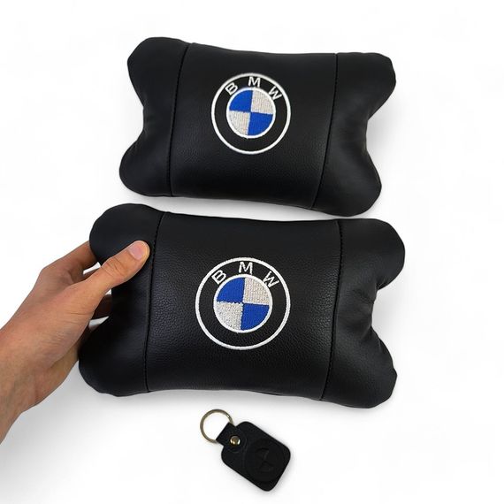 Авто подушки 2 шт — набор BMW из натуральной кожи, на подголовник в машину, Автомобильная OC-135 подушка БМВ | Зображення 9
